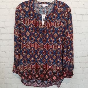 Blue and brown graphic print button down